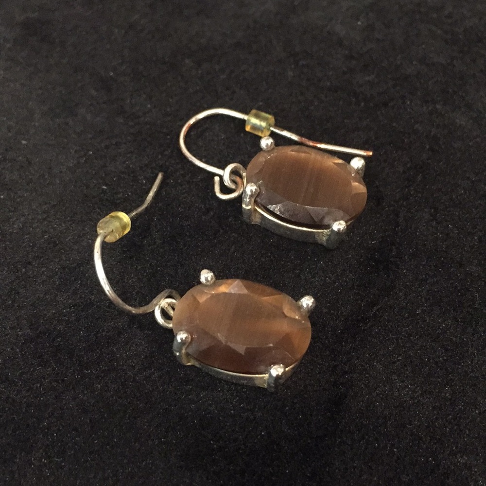 Silver French Hook Earrings with Brown Inset - Picture 3 of 4